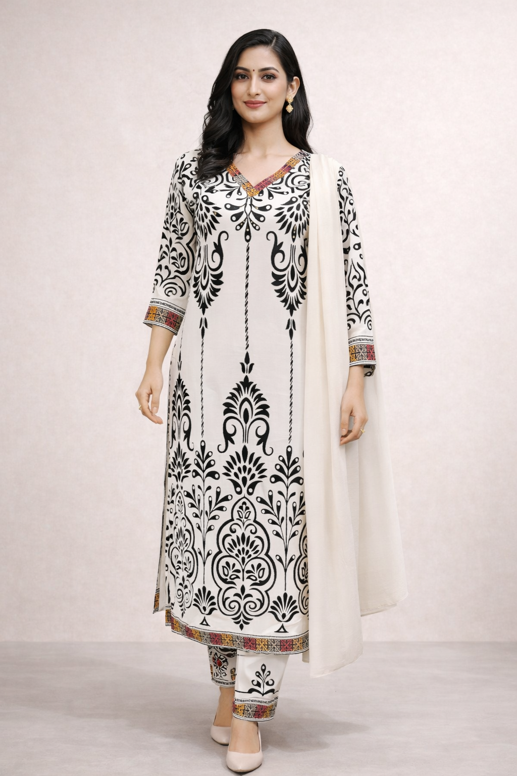 Black & White Printed Kurta Set with Pants & Dupatta